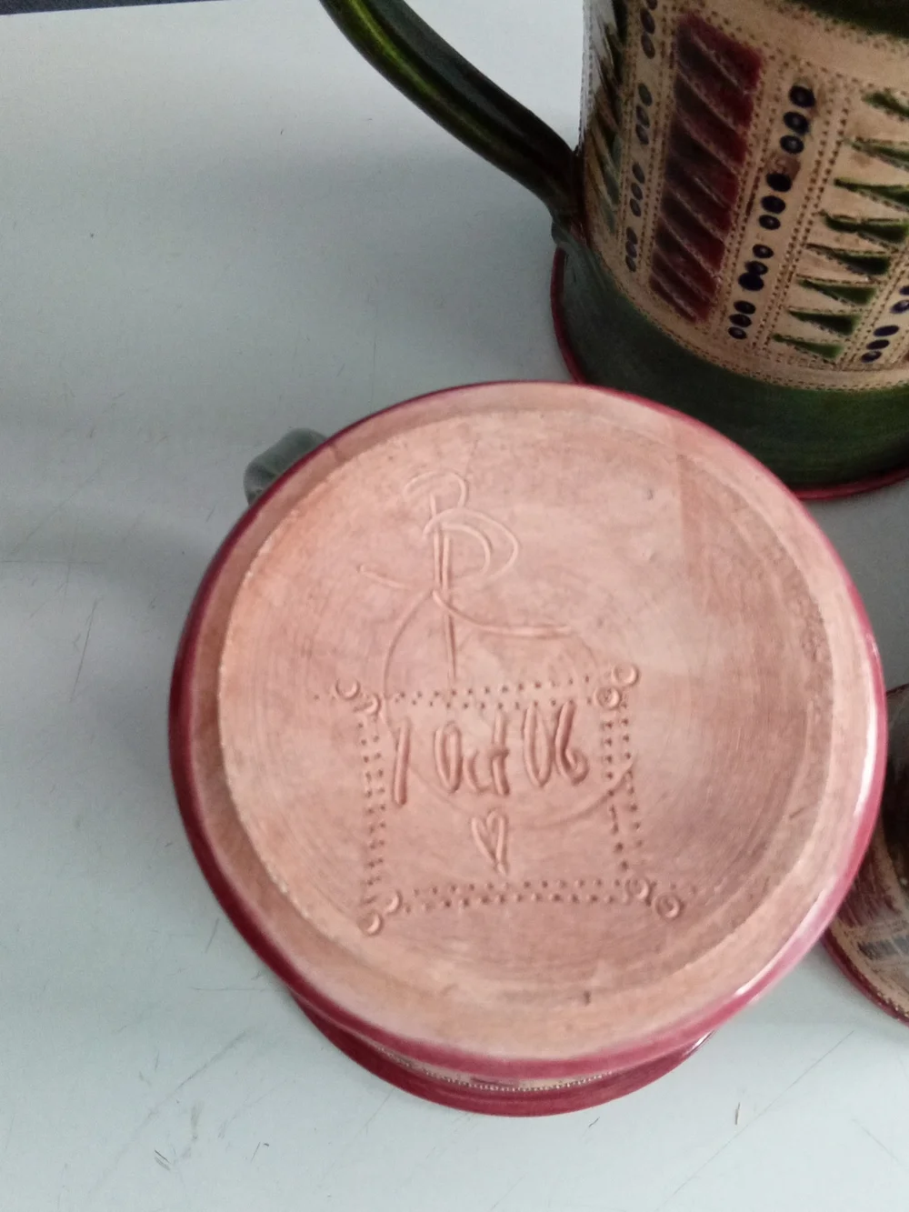 Handmade Studio Pottery Set Green Burgundy Geometric Pitcher Plates Mugs 9pc